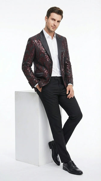 Men’s Black and Burgundy Sequin Blazer – Black Sparkle Sequin Party Blazer with Burgundy Pattern for Prom, Wedding Slim Fitted