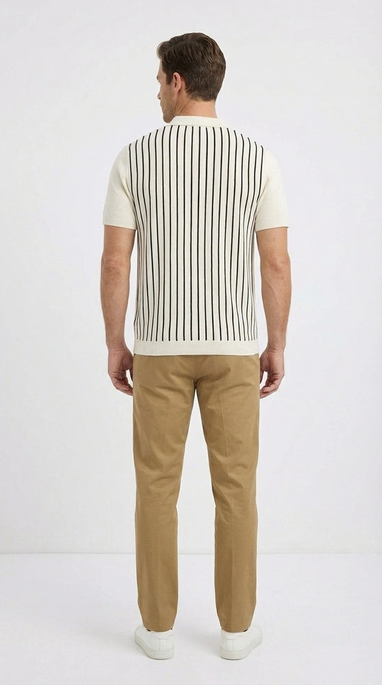 Mens Cream and Tan Striped Walking Suit Set – Casual Summer Short Sleeve Shirt and Pants Outfit for Vacation, Travel and Everyday Wear