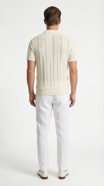 Mens Cream Ivory Off White Knit Walking Suit Set – Lightweight Short Sleeve Shirt and Pants Outfit for Summer, Vacation and Casual Wear