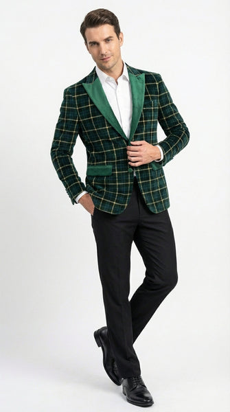 Mens Tartan Green and Gold Check Blazer – Windowpane Plaid Sport Coat Velvet Lapel Plaid Christmas Holiday New Year Jacket