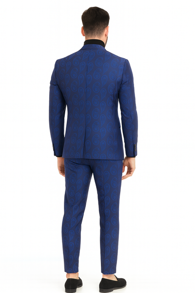 Men’s Sapphire Blue Paisley 3-Piece Suit – Slim Fit Designer Tuxedo Set for Weddings and Formal Events in Cobalt Blue Color