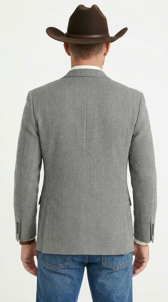 Men’s Light Grey & Black Herringbone Western Blazer – Cowboy Sport Coat Jacket