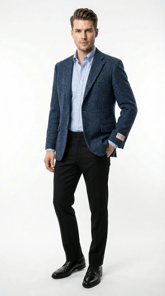 Mens Light Blue Tweed Blazer Sport Coat – Classic Herringbone Jacket Formal Business Casual Smart Outerwear in indigo cobalt blue