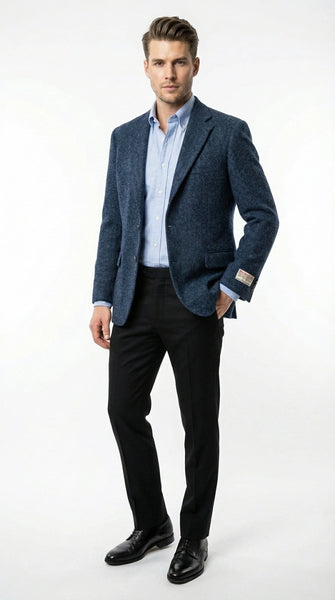 Mens Light Blue Tweed Blazer Sport Coat – Classic Herringbone Jacket Formal Business Casual Smart Outerwear in indigo cobalt blue