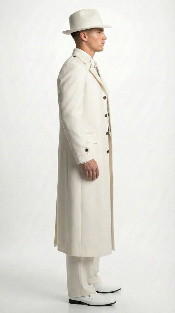 Men’s Ivory Cream Off White  Full Length Zoot Suit – Vintage Gangster Style Long Coat Formal Suit