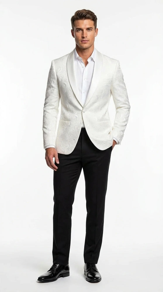 Men’s White Paisley Disco Blazer 1980s Style Jacket – Shawl Lapel Formal Party Blazer, Elegant Masquerade Club Wear, Stylish Evening Outfit