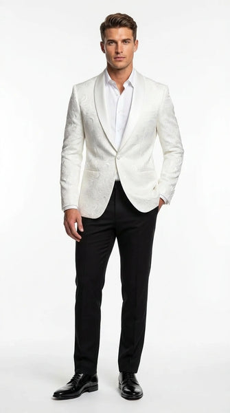 Men’s White Paisley Disco Blazer 1980s Style Jacket – Shawl Lapel Formal Party Blazer, Elegant Masquerade Club Wear, Stylish Evening Outfit
