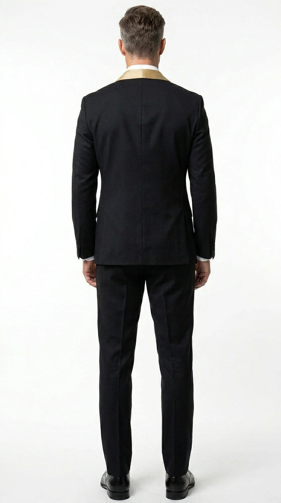 Men’s Black Suit with Gold Lapel – Luxury Formal Tuxedo Style Suit for Wedding, Prom, Party and Evening Wear