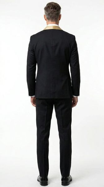 Men’s Black Suit with Gold Lapel – Luxury Formal Tuxedo Style Suit for Wedding, Prom, Party and Evening Wear