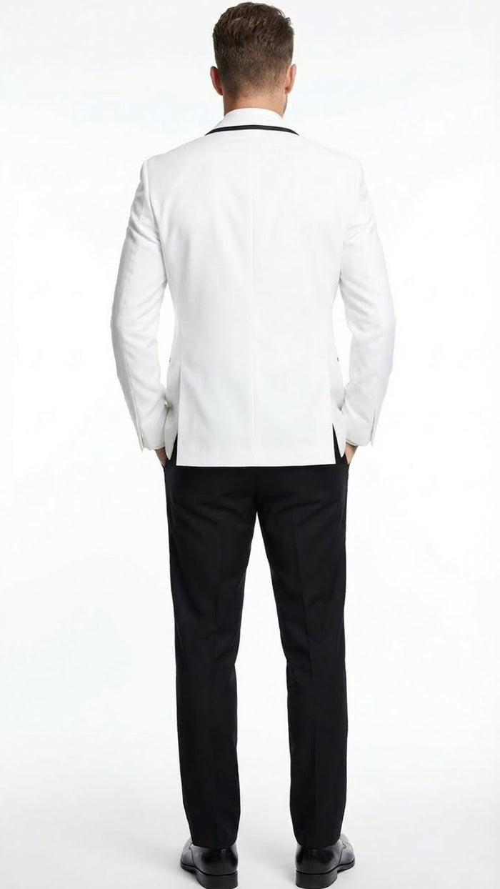 White With Black Skinny Fitted Slim Fit Cut Tuxedo Blazer