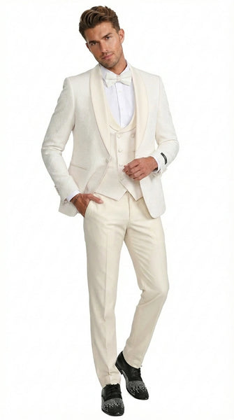 Men’s Ivory Paisley Tuxedo Suit 3 Piece – One Button Vested Satin Formal Suit for Wedding in Off white Cream Color