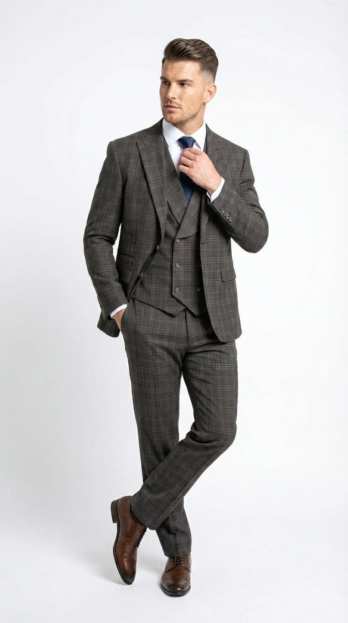 Vitali Men’s Brown Grey with Blue Check 3 Piece Suit – Classic Plaid Formal Suit Set with Blazer, Vest & Trousers, Business Wedding Party Wear for Men Slim Fit