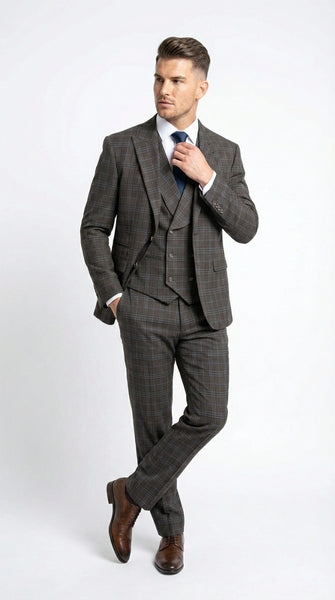 Vitali Men’s Brown Grey with blue Check 3 Piece Suit – Classic Plaid Formal Suit Set with Blazer, Vest & Trousers, Business Wedding Party Wear for Men Modern Fit
