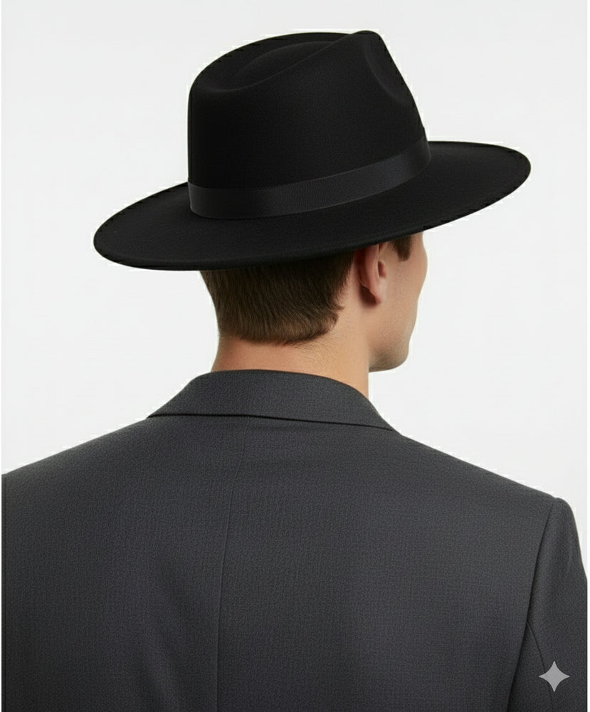 Men’s Black Wide Brim Fedora Hat – Classic Wool Felt Dress Hat with Matching Black Band