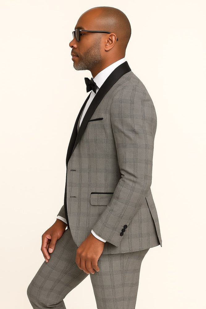 Men's Black and White Plaid Tuxedo – 3 Piece Suit with Black Velvet Shawl Lapel - Gray Glein Tartan Pattern Wedding Suit