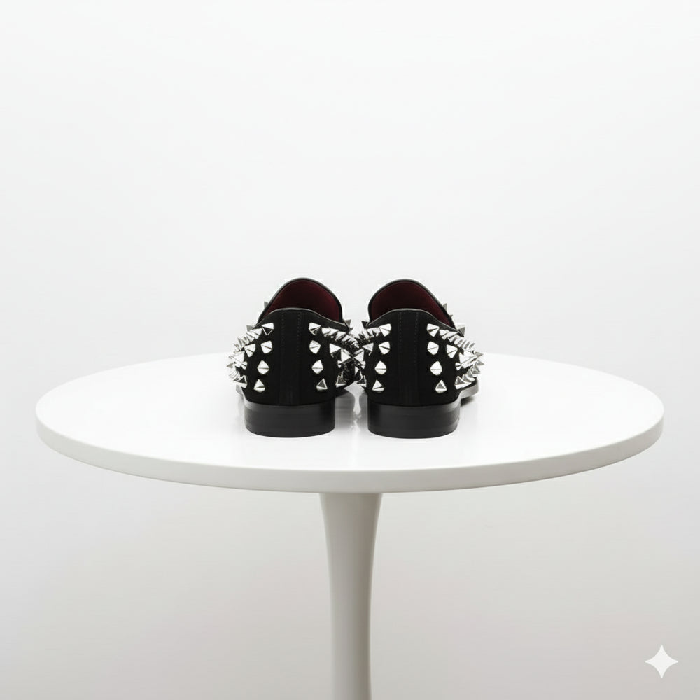 Men’s Black Studded Loafers with Silver Spikes – Luxury Slip-On Dress Shoes for Parties and Formal Events