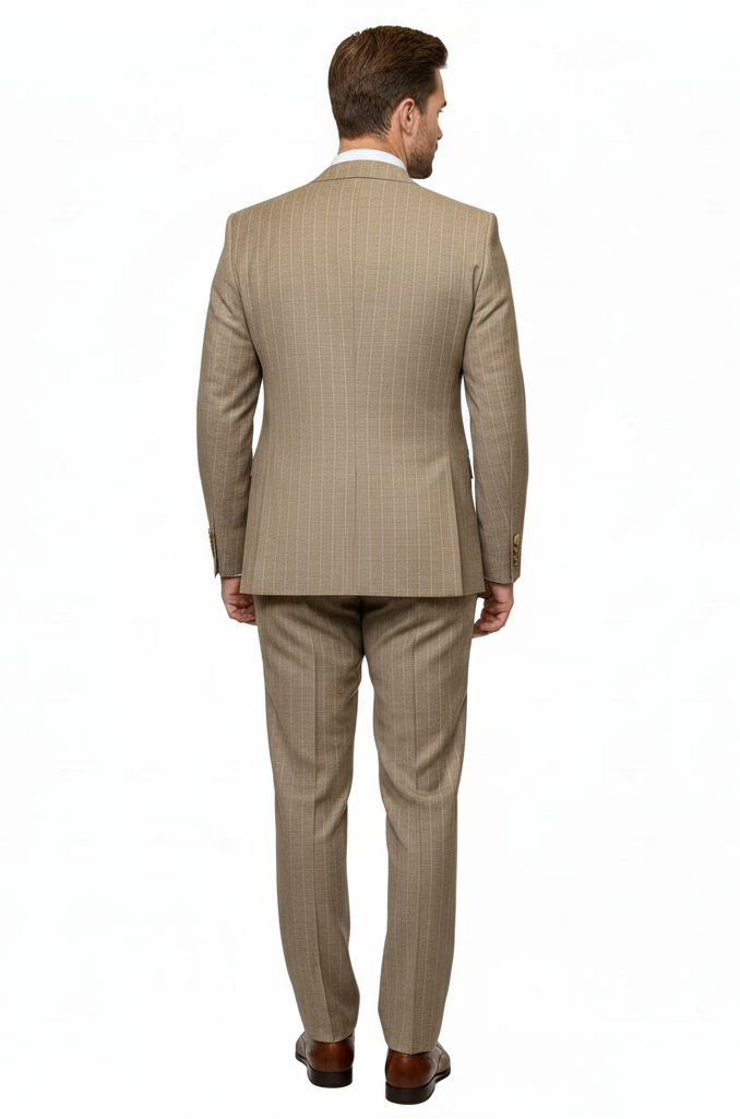 Men’s Beige Pinstripe Three-Piece Suit – Classic Fit Formal Suit with Vest and Flat-Front Pants in Tan Stripe By Rossiman
