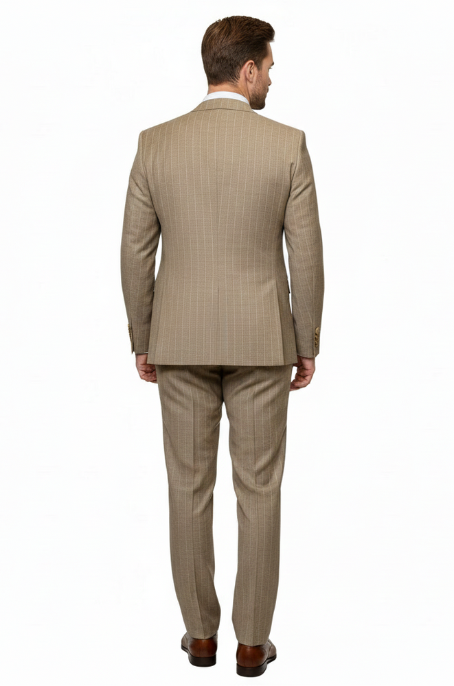 Men’s Beige Pinstripe Three-Piece Suit – Classic Fit Formal Suit with Vest and Flat-Front Pants in Tan Stripe By Rossiman