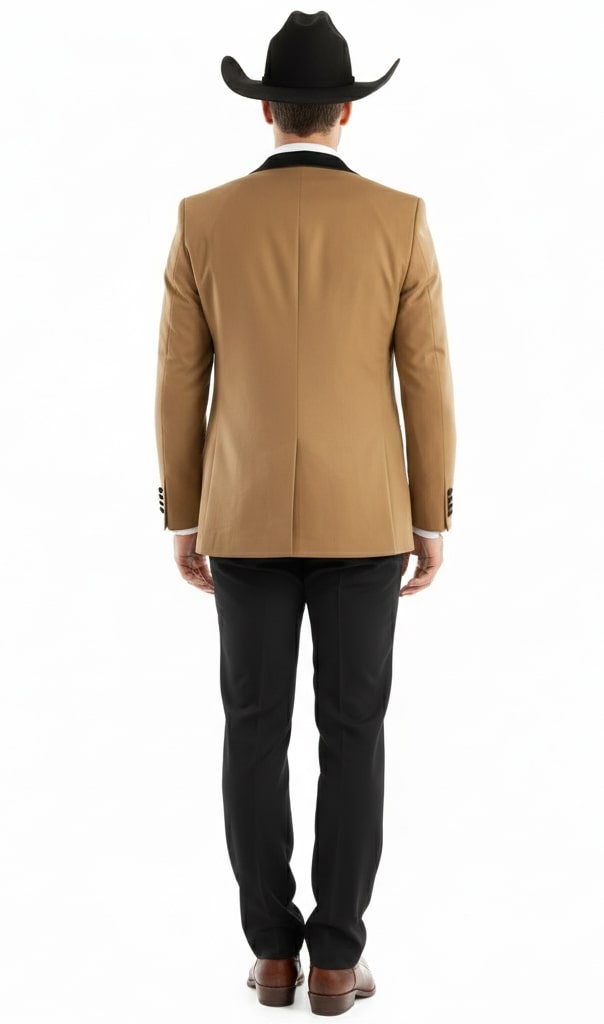 Mens Western Cowboy Tuxedo – Tan and Black 3-Piece Suit with Satin Lapel and Vest in Mocca Coffee Color