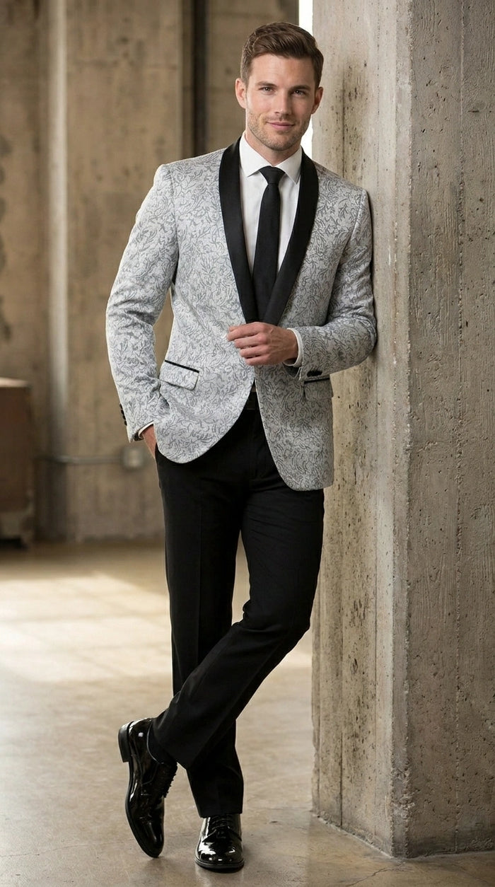 Men’s Silver and Black Floral Blazer – Elegant Formal Tuxedo Style Blazer Jacket for Wedding, Party, Prom and Evening Wear