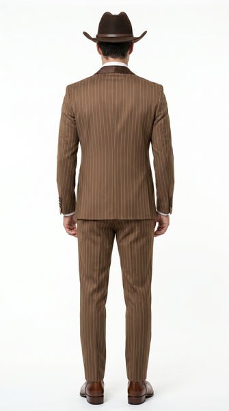 Men’s Brown Pinstripe Western Cowboy Tuxedo, Contrast Shawl Lapel Formal Suit for Weddings, Prom, Parties, and Special Occasions