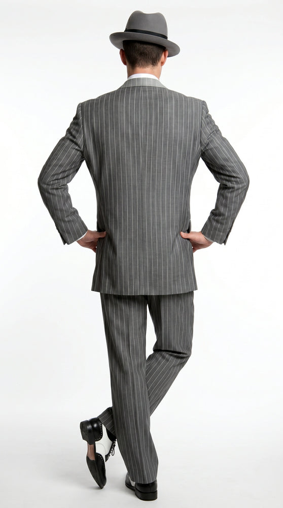 Men’s Grey Pinstripe 1920s Gangster 3 Piece Suit, Contrast Lapel Vintage Formal Suit for Parties, Prom, Weddings, and Theme Events