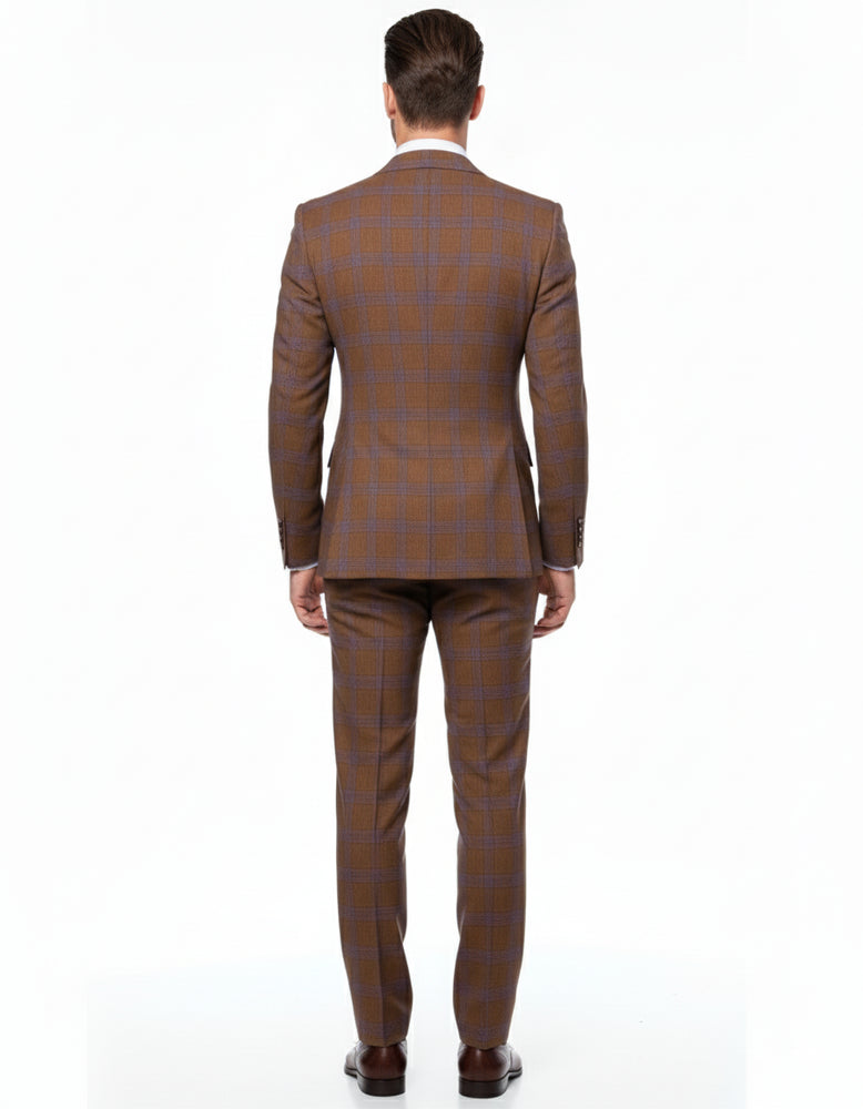 Men’s Brown Plaid Double-Breasted Suit – Premium 2-Piece Classic Checkered Windowpane Suit by Rossiman