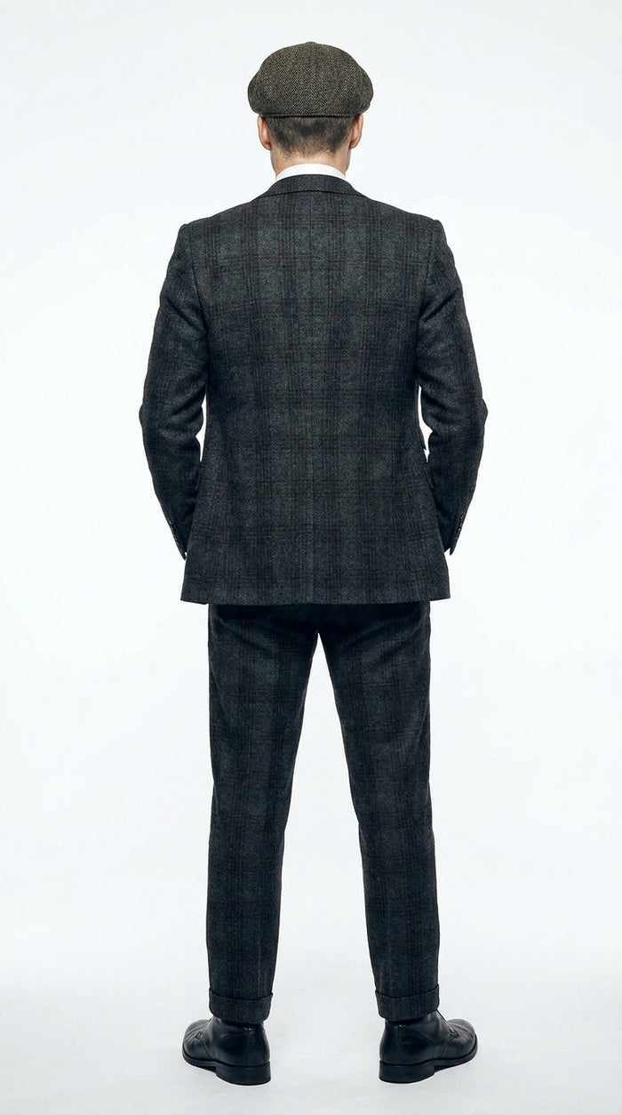 Men's Thomas Shelby Dark Grey Plaid 3-Piece Suit – Peaky Blinders 1920s Vintage Tweed-Style Wedding Suit with Matching Vest & Pants