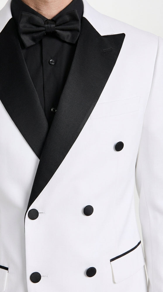 Men's White Double Breasted Tuxedo Dinner Jacket – Black Satin Peak Lapel Formal Wedding, Prom & Party Blazer