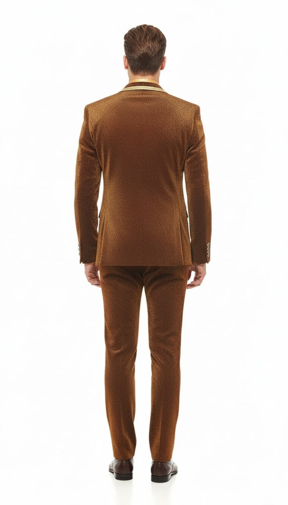 Mens Bronze Shiny Velvet Suit – Designer Party and Wedding Wear Blazer and Pant Set Brown and Gold Tuxedo