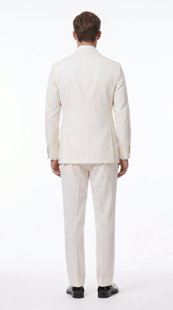 Men’s Ivory Double-Breasted Tuxedo – Gold Button Wedding, Prom and Formal Suit