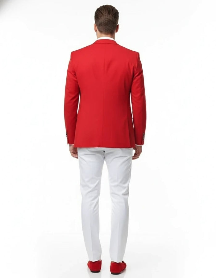 Mens Red Blazer and White Pants Set – Stylish Casual Dress Outfit For New Year Holiday and Christmas Suit