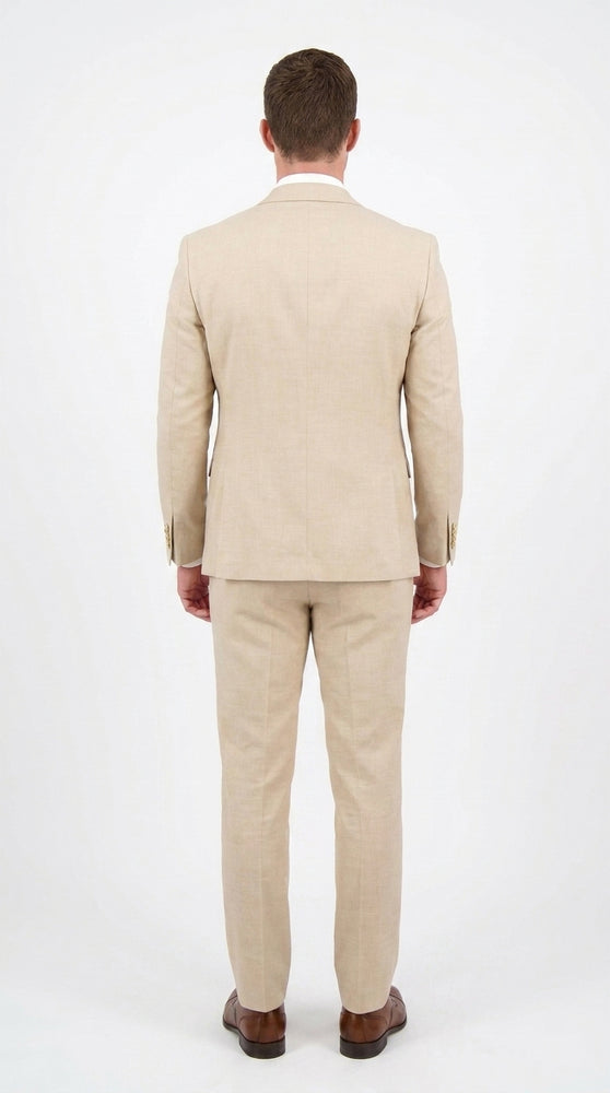 Men’s Khaki Tan 3-Piece Groomsmen Suit – Wedding Suit with Double-Breasted Vest and Pants Great Gatsby Style Gold buttons