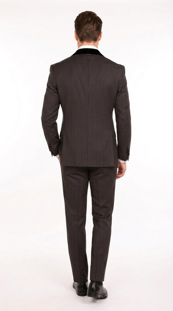 Men’s Black Shadow Pinstripe Double-Breasted Tuxedo Tone on Tone Formal Wedding  Suit Modern Fit 1920s Style
