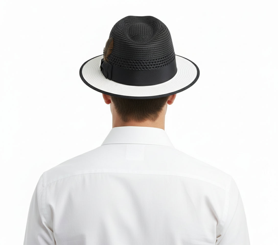 Men’s Two-Tone Black and White Fedora Hat with Feather Accent – Stylish Summer Dress Hat