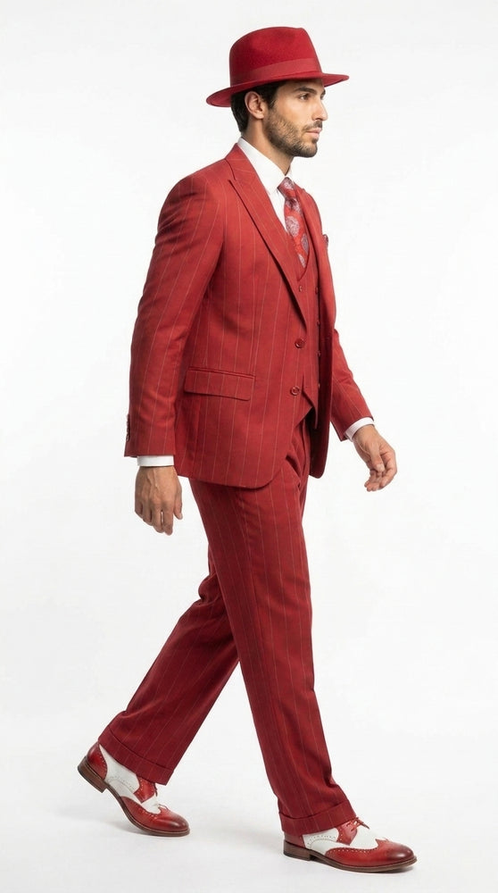 Men’s Red & White Pinstripe 3-Piece Suit by Mazari – Peak Lapel Classic Fit Gangster Suit with Pleated Pants