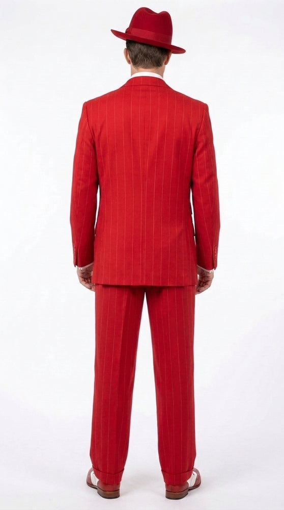 1920s Christmas Holiday Gangster Men’s Red Pinstripe 3-Piece Suit – Peak Lapel Classic Fit Pleated Pants