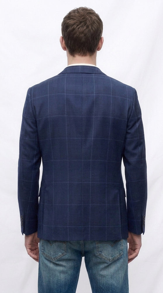 Men’s Navy Blue Plaid Wool Blazer – English Style Textured Wool Winter Sport Coat  Windowpane pattern