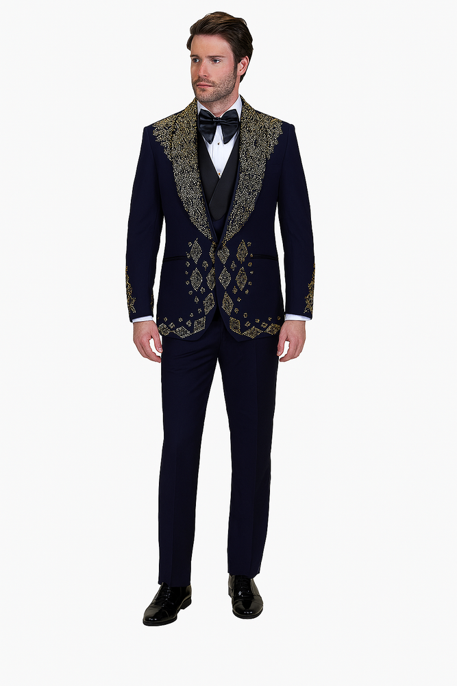 Men’s Navy Tuxedos with Gold Embroidery – Slim Fit Formal Dinner Jacket with Shawl Lapel
