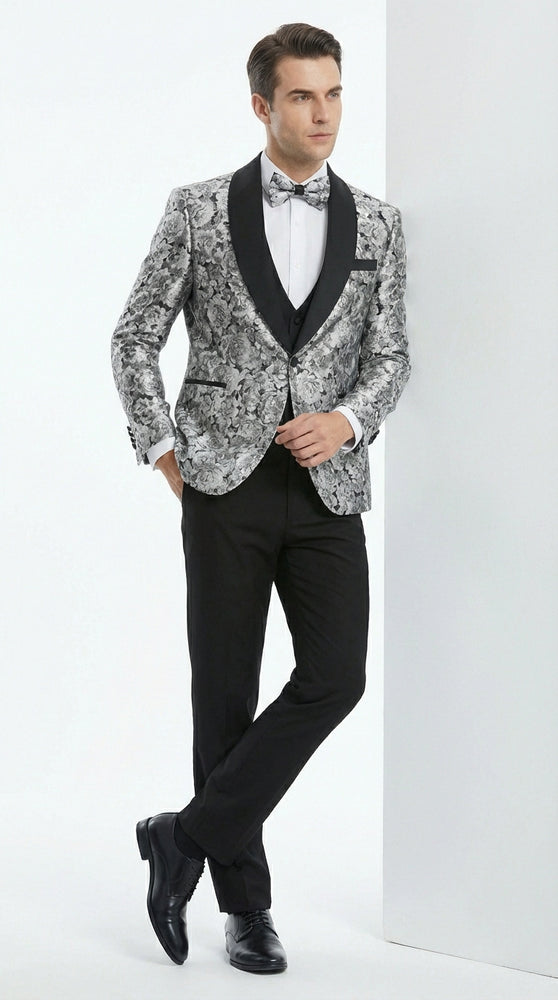 Mens Black and Silver Floral Tuxedo – Luxury Patterned Wedding, Prom and Formal Dinner Tuxedo
