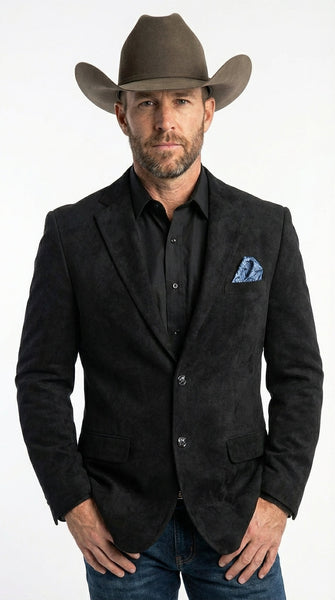 Men’s Black Suede Cowboy Blazer with Elbow Patch Sleeves – Black Western Style Suede Sport Coat for Casual and Smart Casual Wear