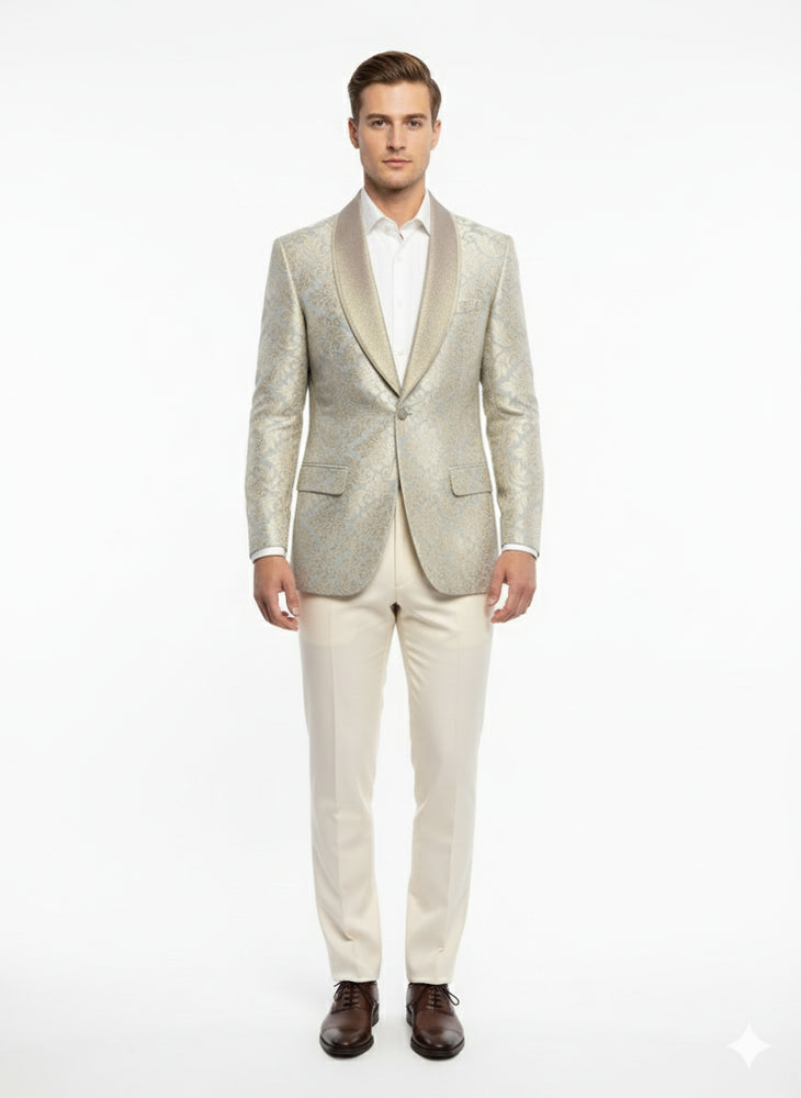 Men’s Champaign Silver and Cream Embroidered Luxury Blazer – Floral Pattern Wedding & Party Dinner Jacket in Light Tan Color