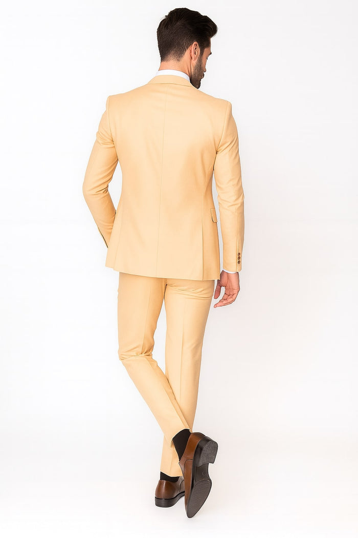 Mens Peach 3-Piece Suit – Double-Breasted Vest, Notch Lapel Blazer, Slim Fit Dress Pants