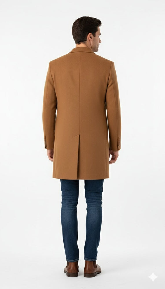 Men’s Camel Brown Wool Top Coat – Classic Long Overcoat for Formal and Casual Wear in rust copper