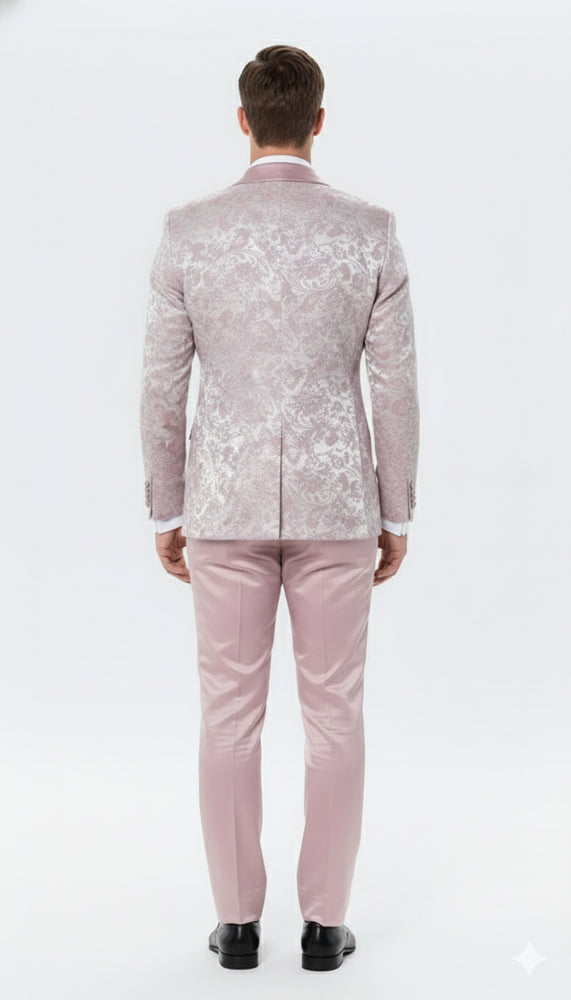 Men’s Light Pink Dusty Rose -  Floral Tuxedo Suit – Luxury Satin Shawl Lapel 3-Piece Formal Wedding and Prom Suit in Blush Mauve color