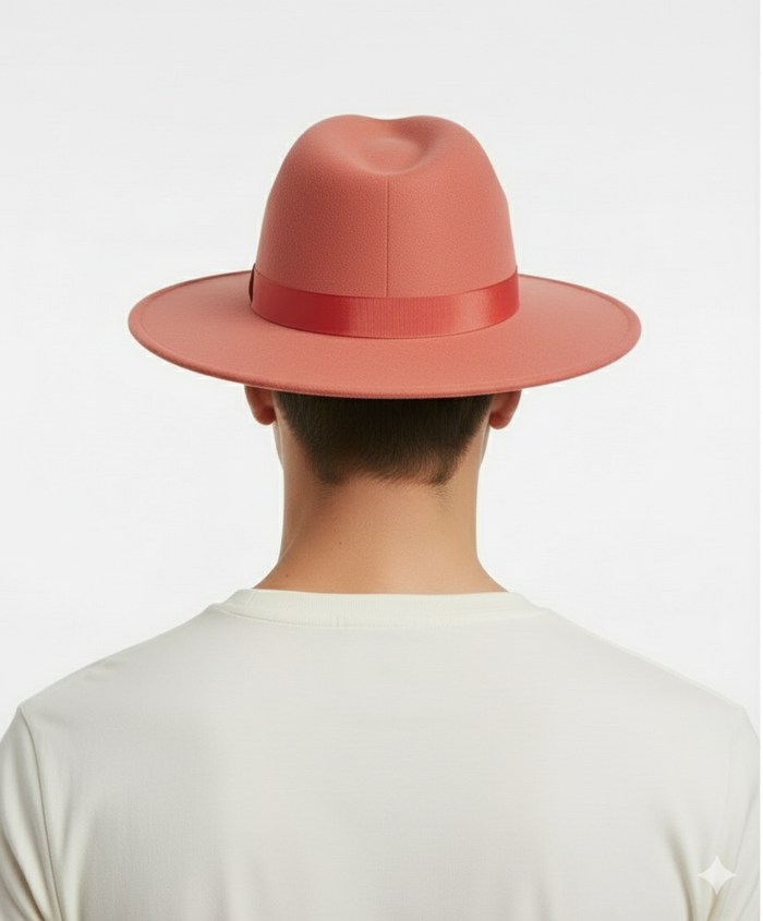 Men’s Coral Pink Wide Brim Fedora Hat – Wool Felt Dress Hat with Red Ribbon Band
