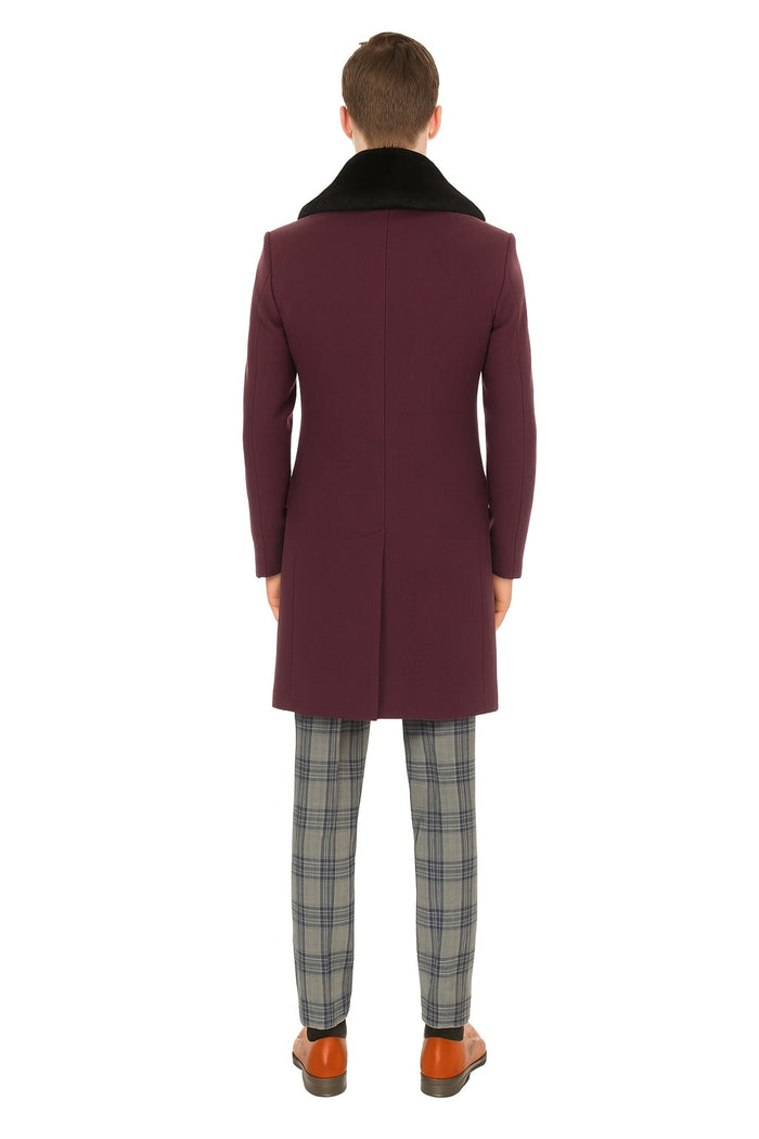 Mens Purple Wool Overcoat with Black Faux Fur Collar – Luxury Winter Dress Coats for Formal and Casual Wears