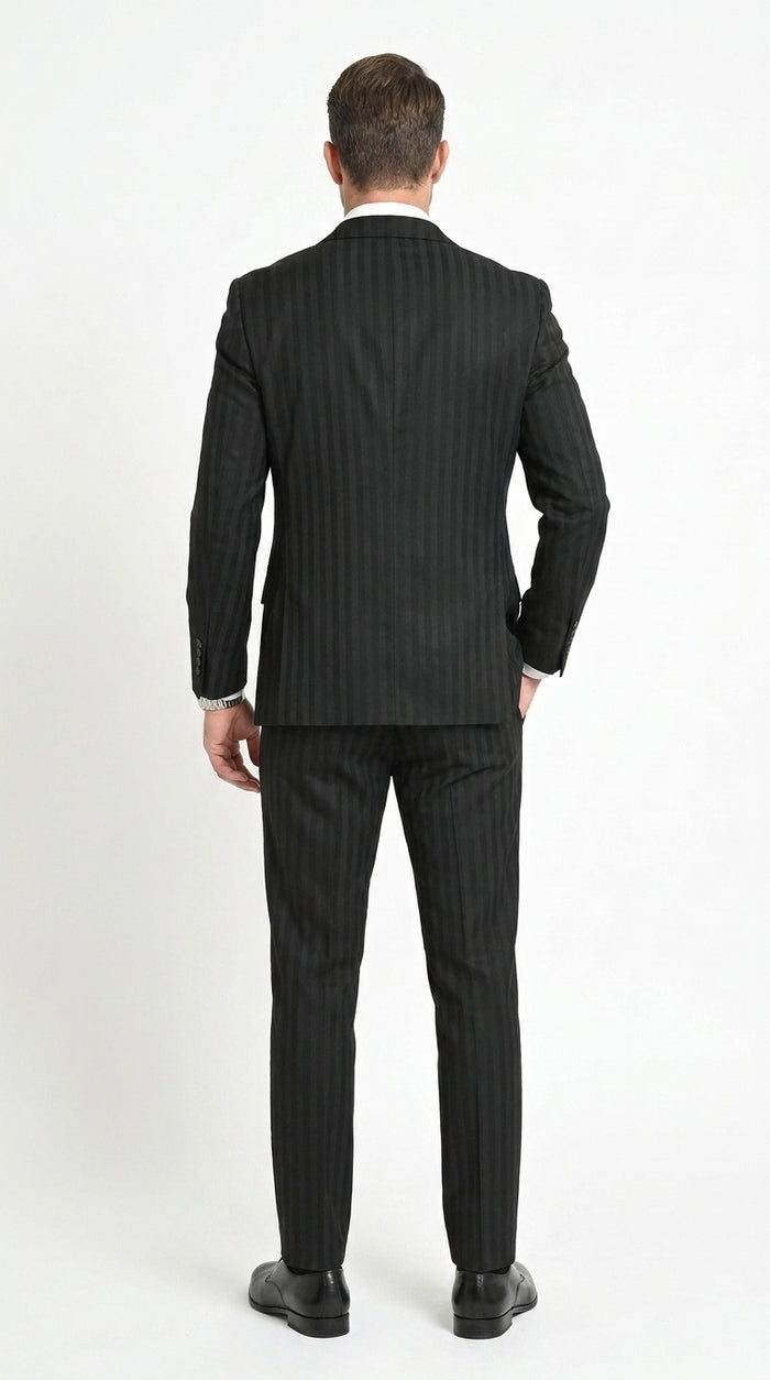 Men’s Black Tonal Shadow Pinstripe Vested Suit – 3 Piece Classic Fit Formal Wedding & Business Suit By Vitali