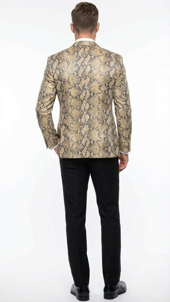 Men’s Beige and Black Snakeskin Print Blazer – Alligator Crocodile Exotic Sking Sport Coat Jacket in Tan Camel Color