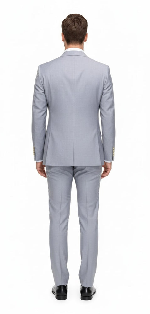 Mens Silver Grey Double-Breasted 3-Piece Suit – Classic Tailored Fit with Peak Lapel and Gold Buttons for Weddings, Church and Formal Events